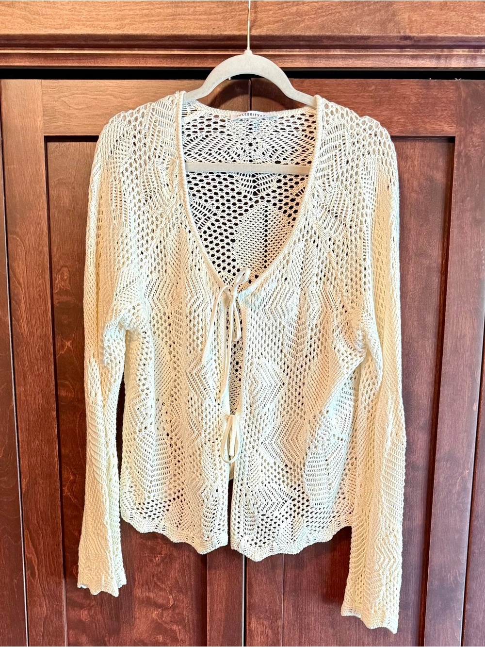 Celebrity Pink Cream Crochet Tie-Front Cardigan